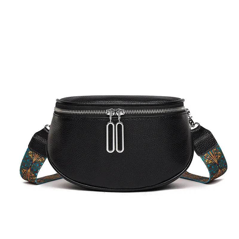 Women's black PU leather casual messenger bag with saddle shape and cross-body strap