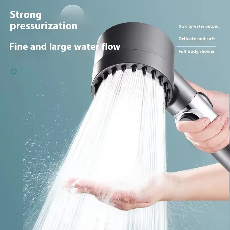 Portable white shower head with three water mode settings showing spray patterns