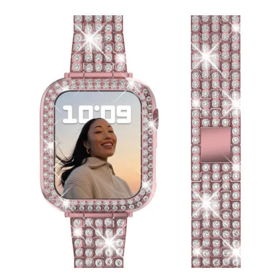 Apple Watch case with double diamond glass in rose pink, gold, silver, transparent, black, Starlight, and rose gold colours.