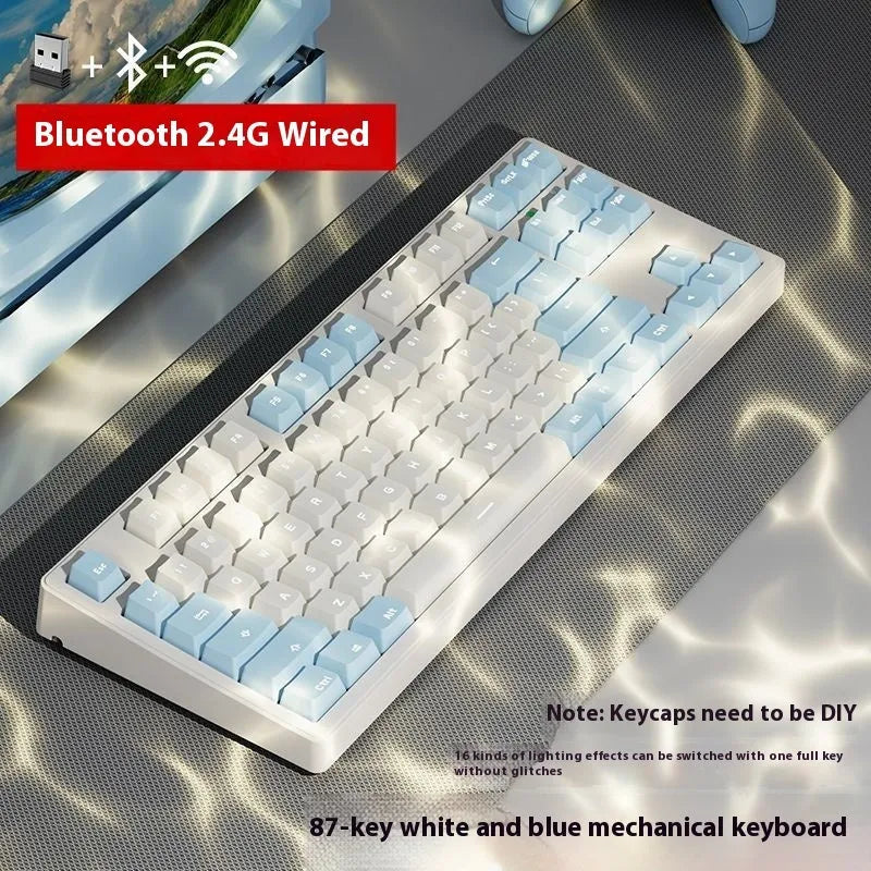 Triple-mode mechanical keyboard in various colour options showing 87-key and 108-key layouts