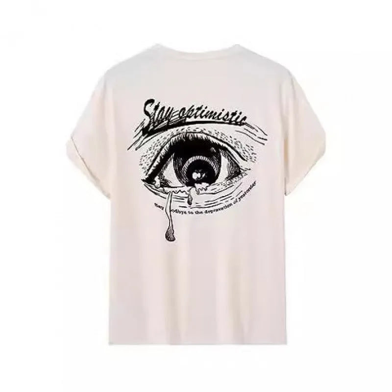 Men's printed short-sleeve street sports t-shirt on a hanger, showing a digital print pattern.