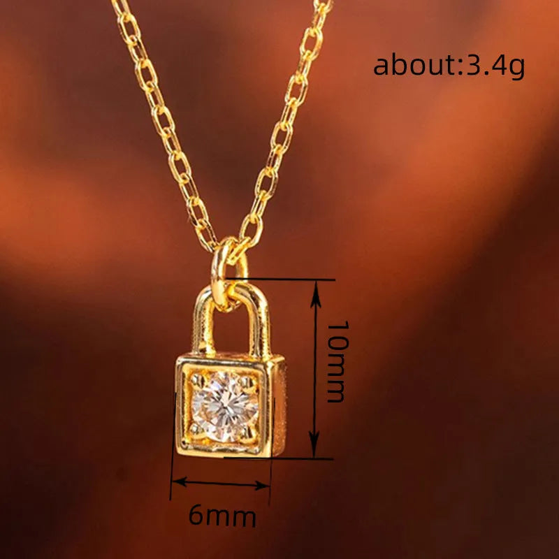 XL1173 Gold geometric lock pendant necklace with mixed gemstone inlay on copper O-link chain