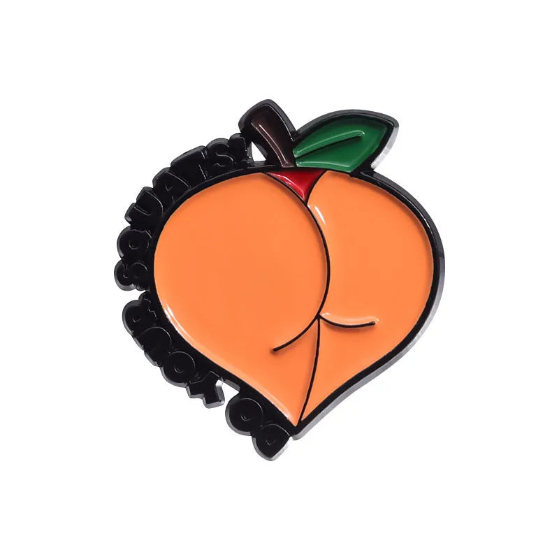 Colourful cartoon fruit design on a silver-toned zinc alloy metal brooch with pin clasp.