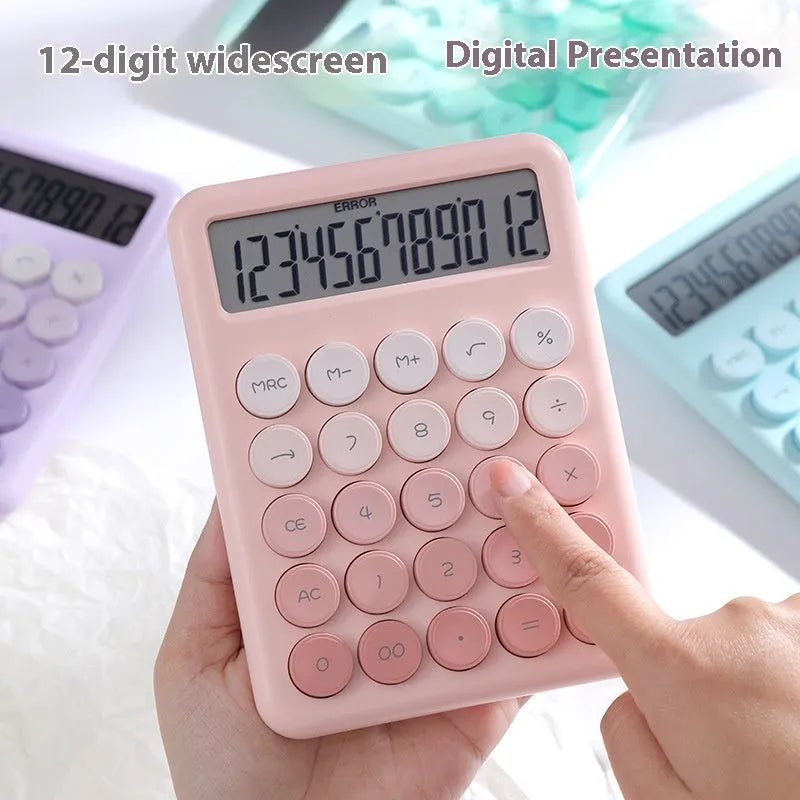 ABS desktop calculator with gradient colour finish in cherry blossom powder, glacier blue, mint green, or violet options
