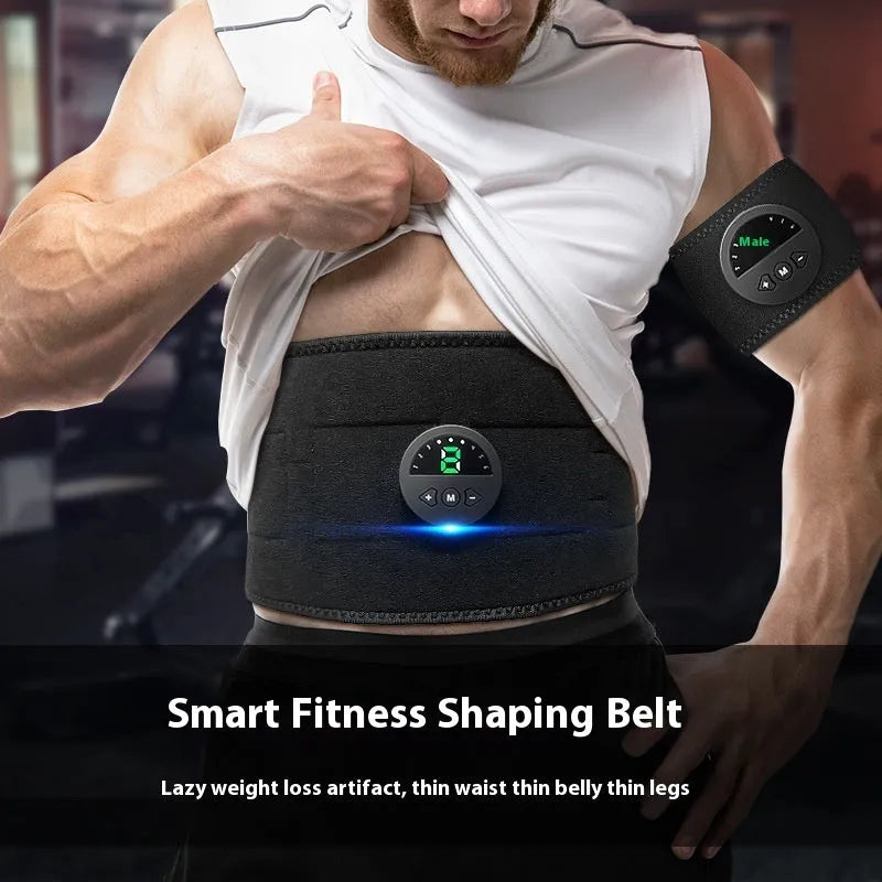 Display screen fitness belt for waist and abdomen reduction measuring 120x17.7cm with host unit and USB cable