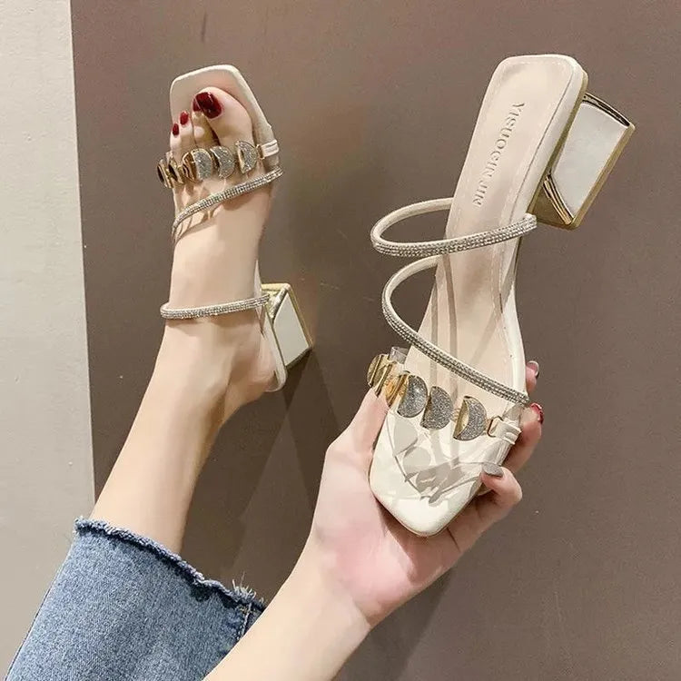 Women's dignified rhinestone sandals in white with square toe shape, PU upper, and rubber sole