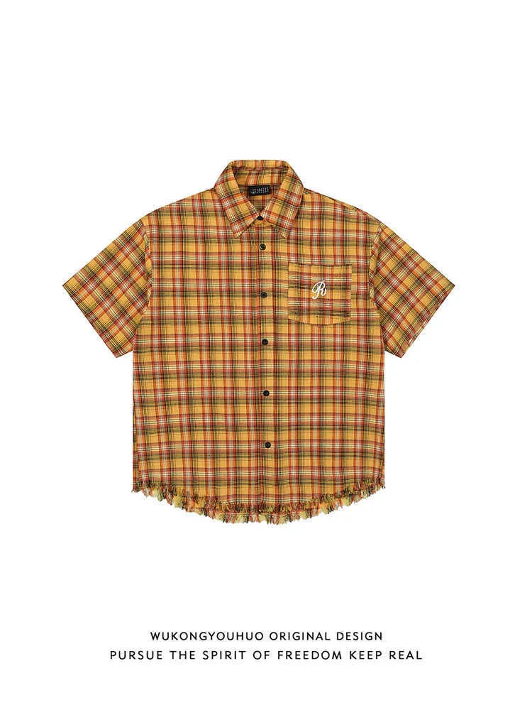 Yellow plaid short sleeve button-up shirt with chest pocket, loose fit unisex design