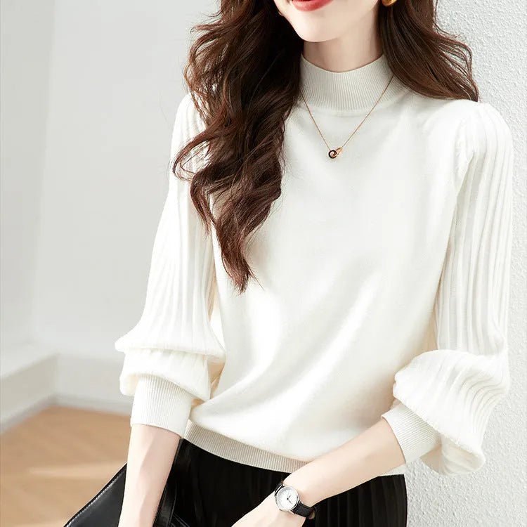Slim fit half turtleneck bottoming shirt in core-spun yarn with spandex, showing sunken stripe design