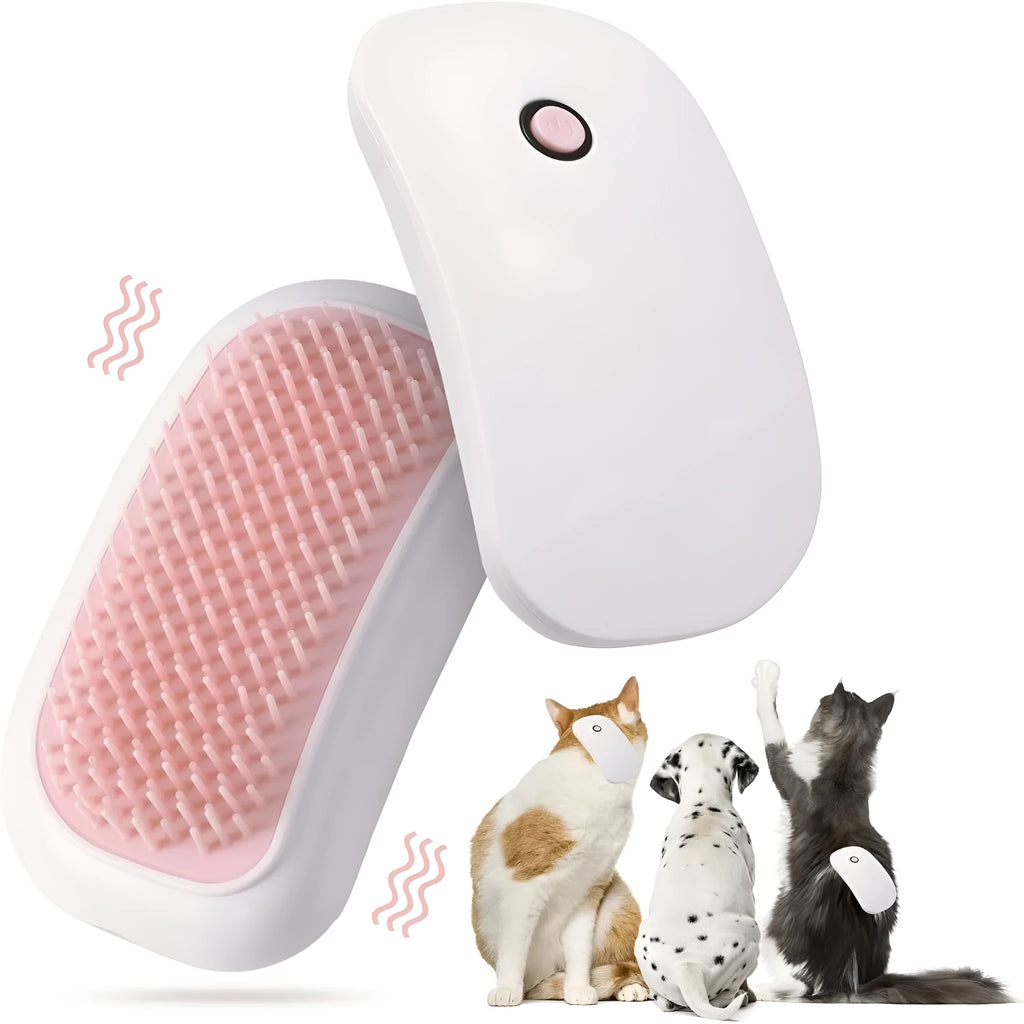 Pink handheld electric pet grooming massage brush with TPE teeth on a white background.