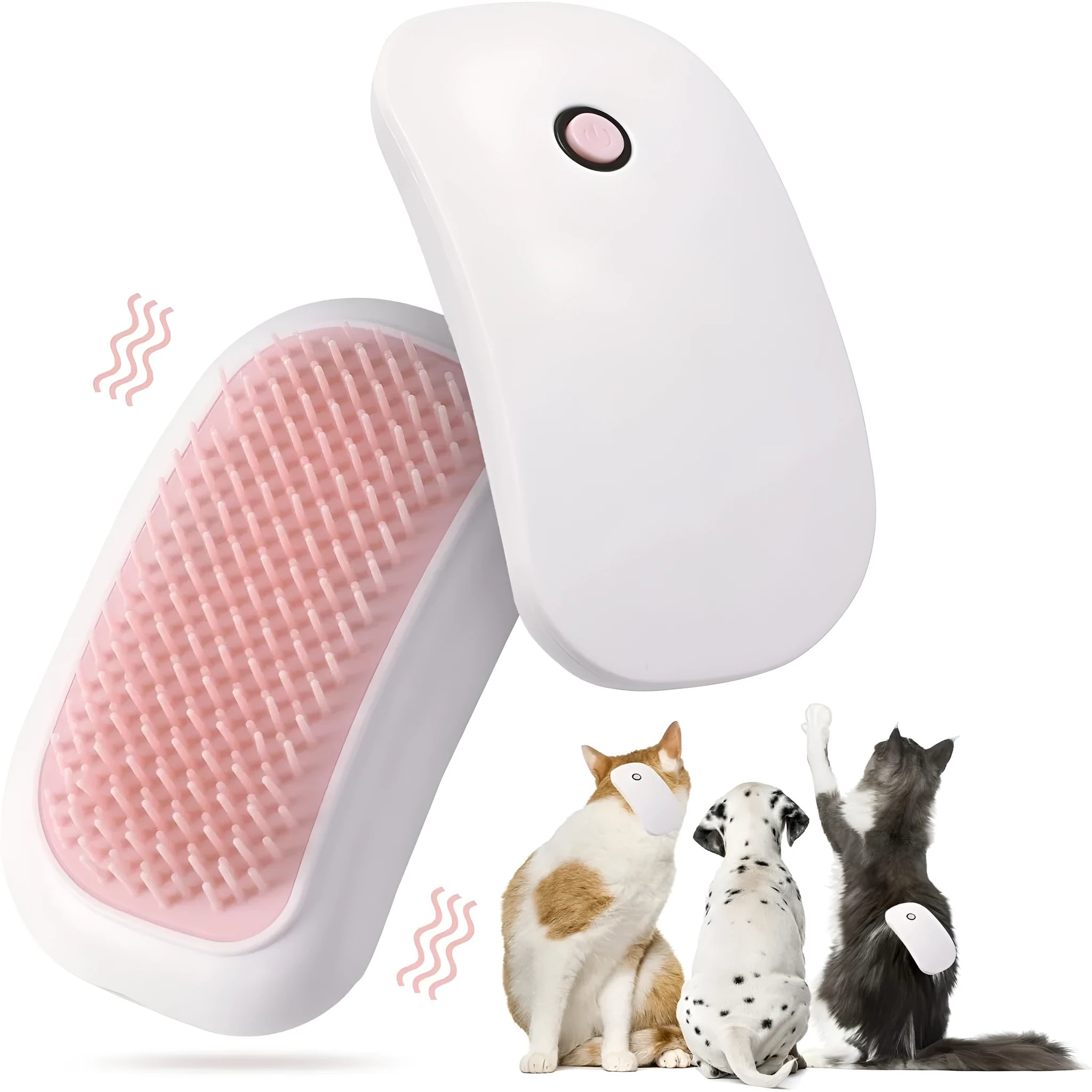 Pink handheld electric pet grooming massage brush with TPE teeth on a white background.