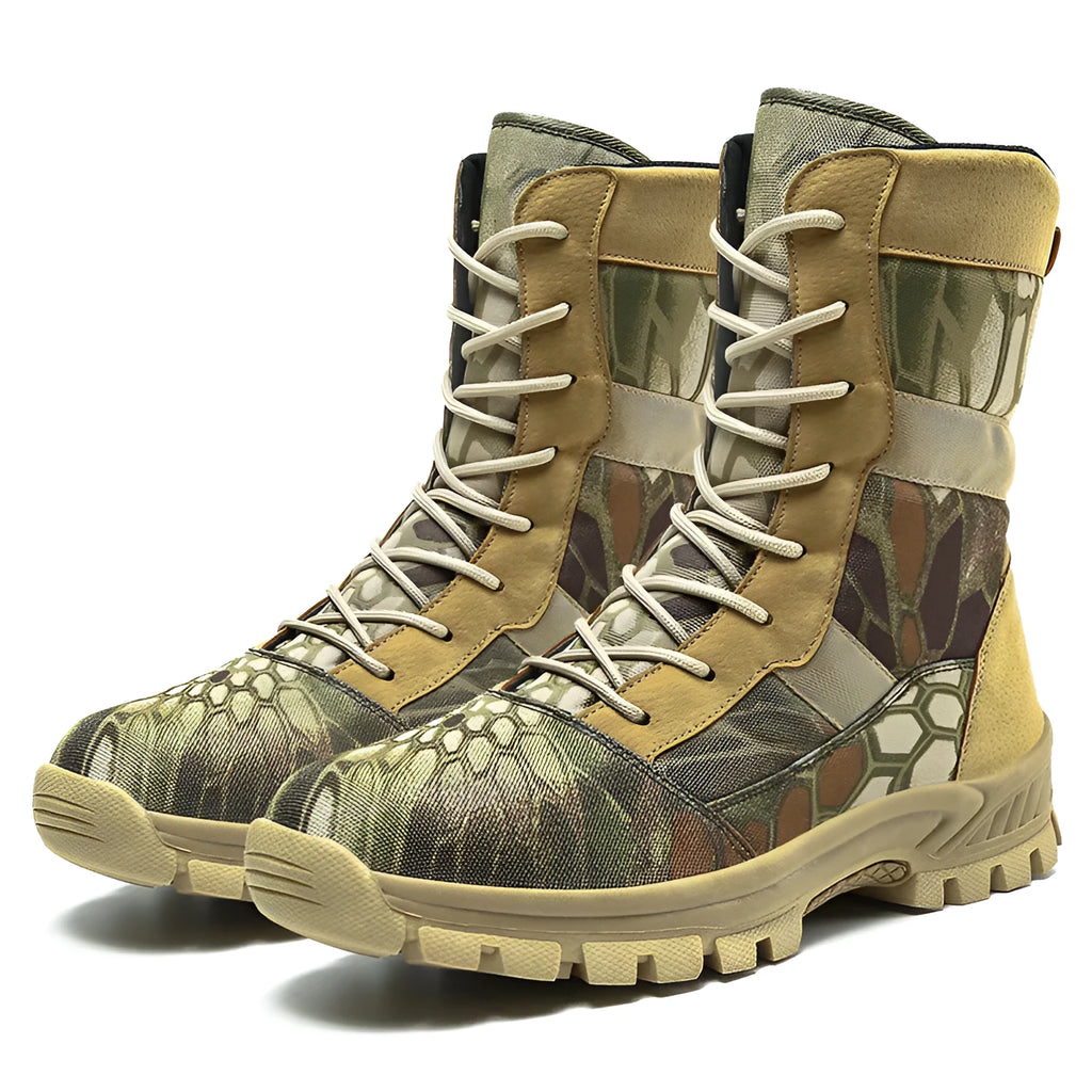 Men's plus size mesh high-top shoes in black and camouflage colours showing sports style combat boot design