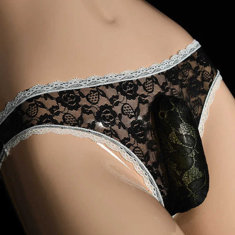 Men's lace triangle briefs with vertical bag egg design in low-waist style