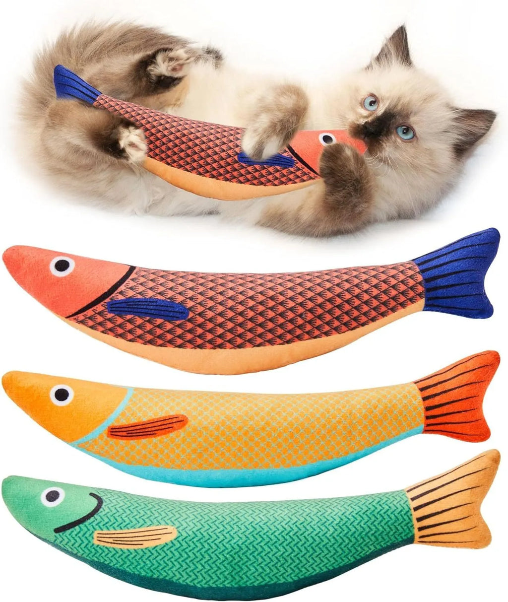 Soft green plush fish-shaped cat toy filled with organic catnip for interactive play.