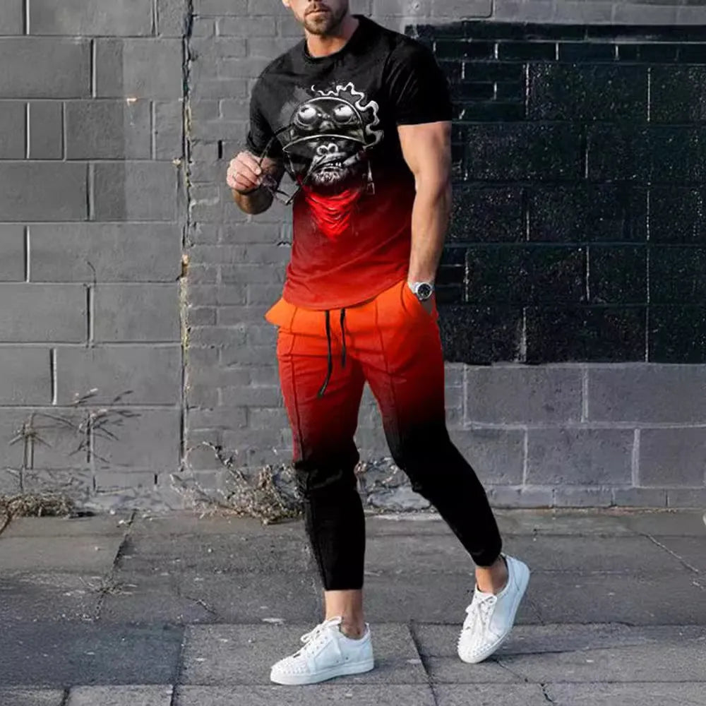 Man wearing a solid-colour short-sleeve top and matching trousers from a polyester sports set.