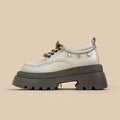 White platform Mary Jane shoes with thick chunky heel and front lace-up in XINGX bear colour