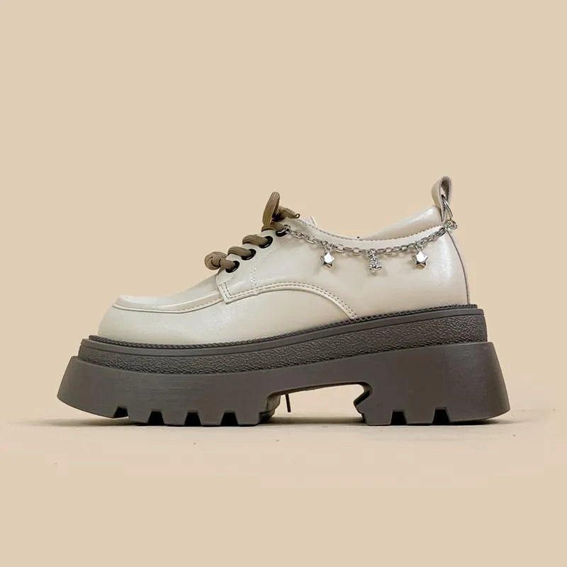 White platform Mary Jane shoes with thick chunky heel and front lace-up in XINGX bear colour