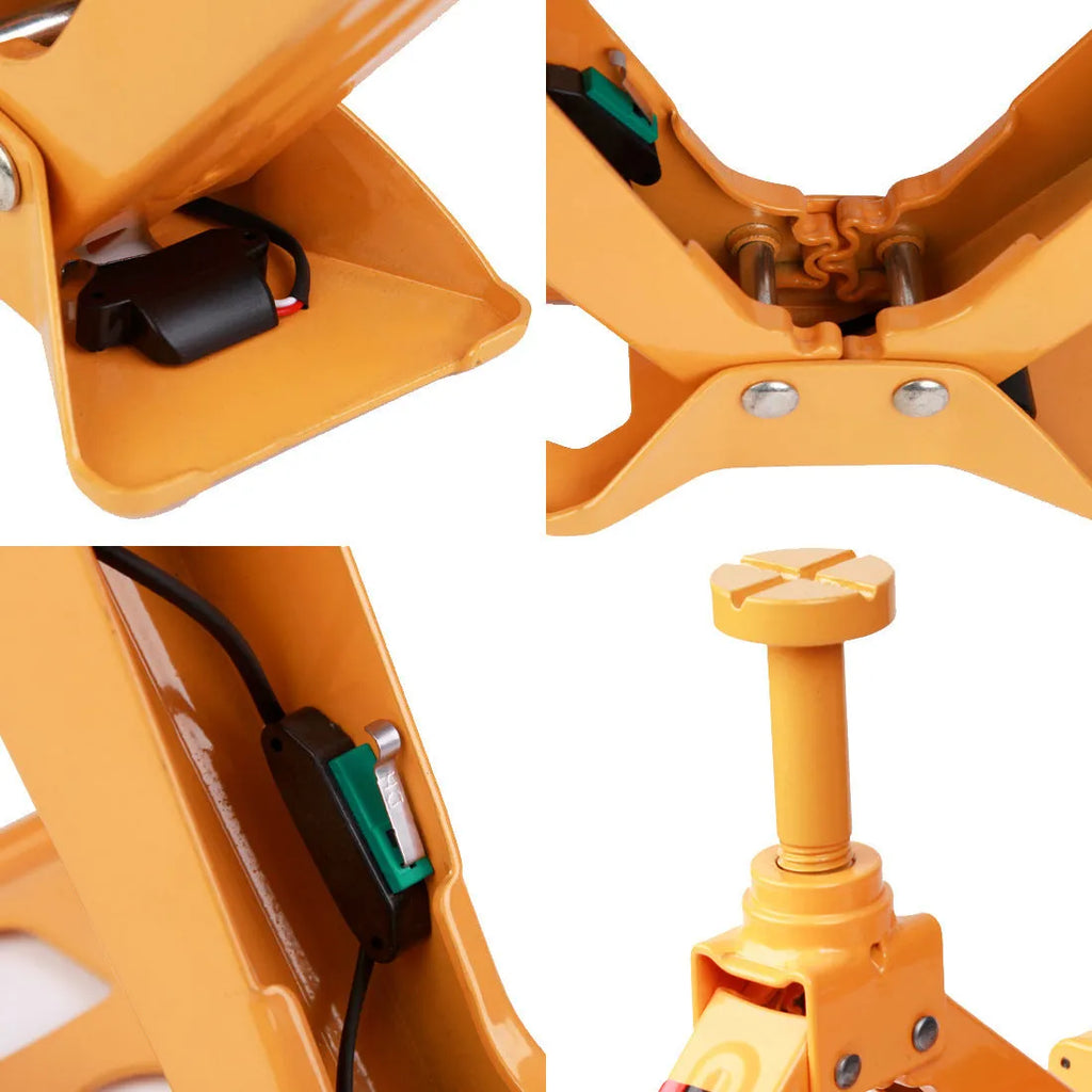 Yellow electric car jack and wrench set made of steel on a white background.
