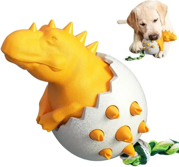 Blue dinosaur-shaped dog chew toy with rope element for aggressive chewers
