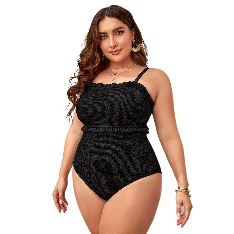 Black plus size bikini triangle swimsuit with double shoulder straps and cover belly design