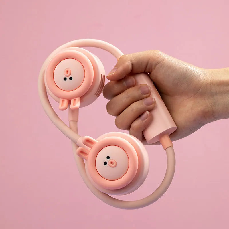 Pink leafless hanging neck fan showing folded design and USB charging port