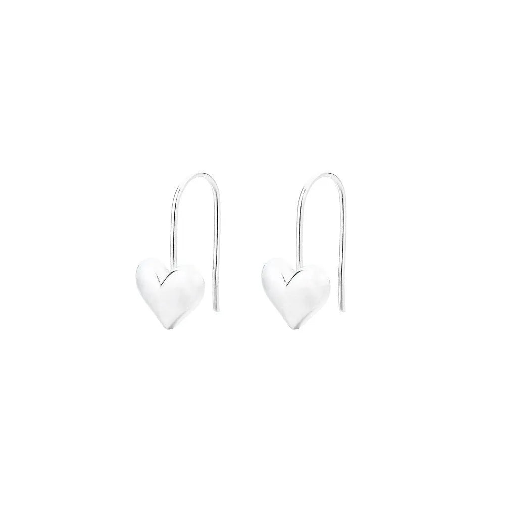 Silver tone heart-shaped earrings with glossy finish and Korean style design