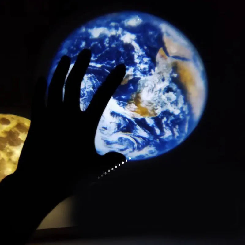 Earth and Moon projection lamp with adjustable hose bracket showing celestial projection effects