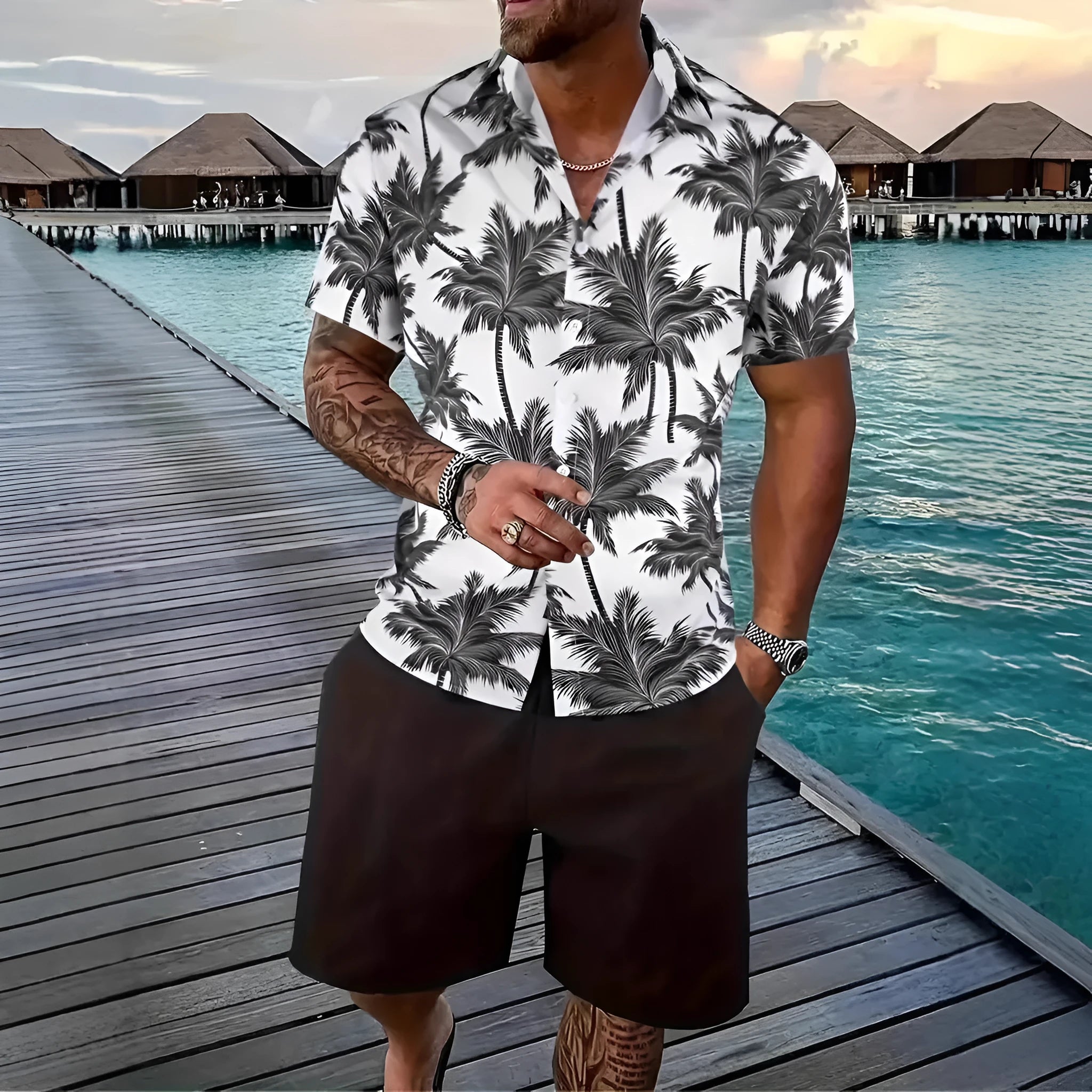 Men's 3D printed Hawaii-style short sleeve top and matching shorts casual summer suit