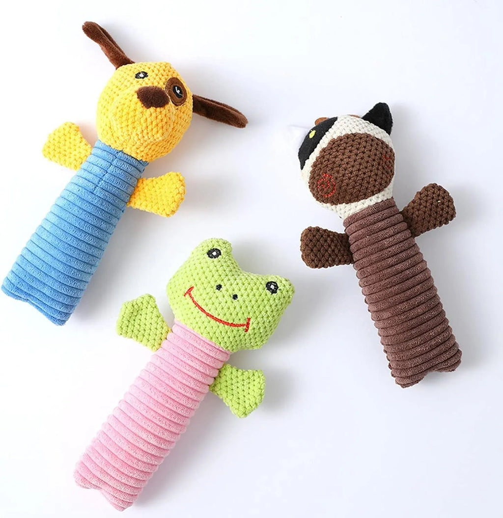 Plush dog squeaky chew toy in animal shape measuring 19cm long