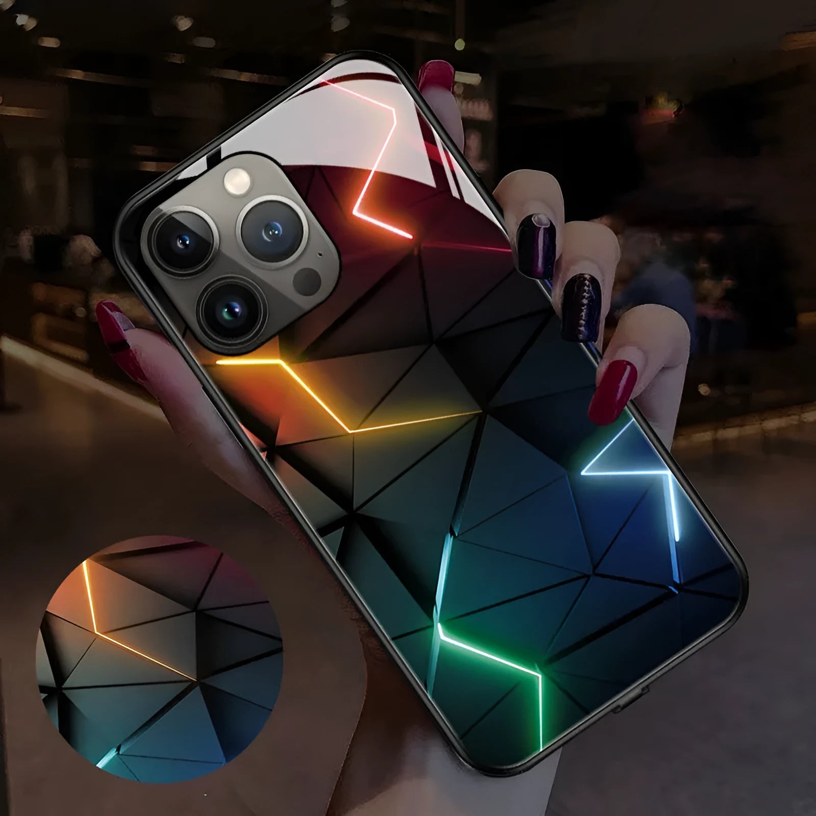 Smart luminous TPU and tempered glass protective case for iPhone models, showing one of the graphic design variants.