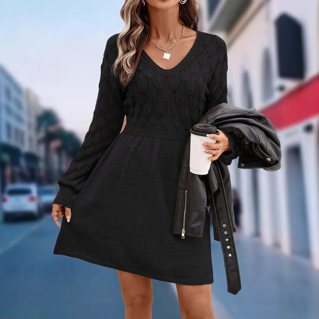 Women's V-neck artistic retro dress with high waist and 3D pattern in acrylic fibre