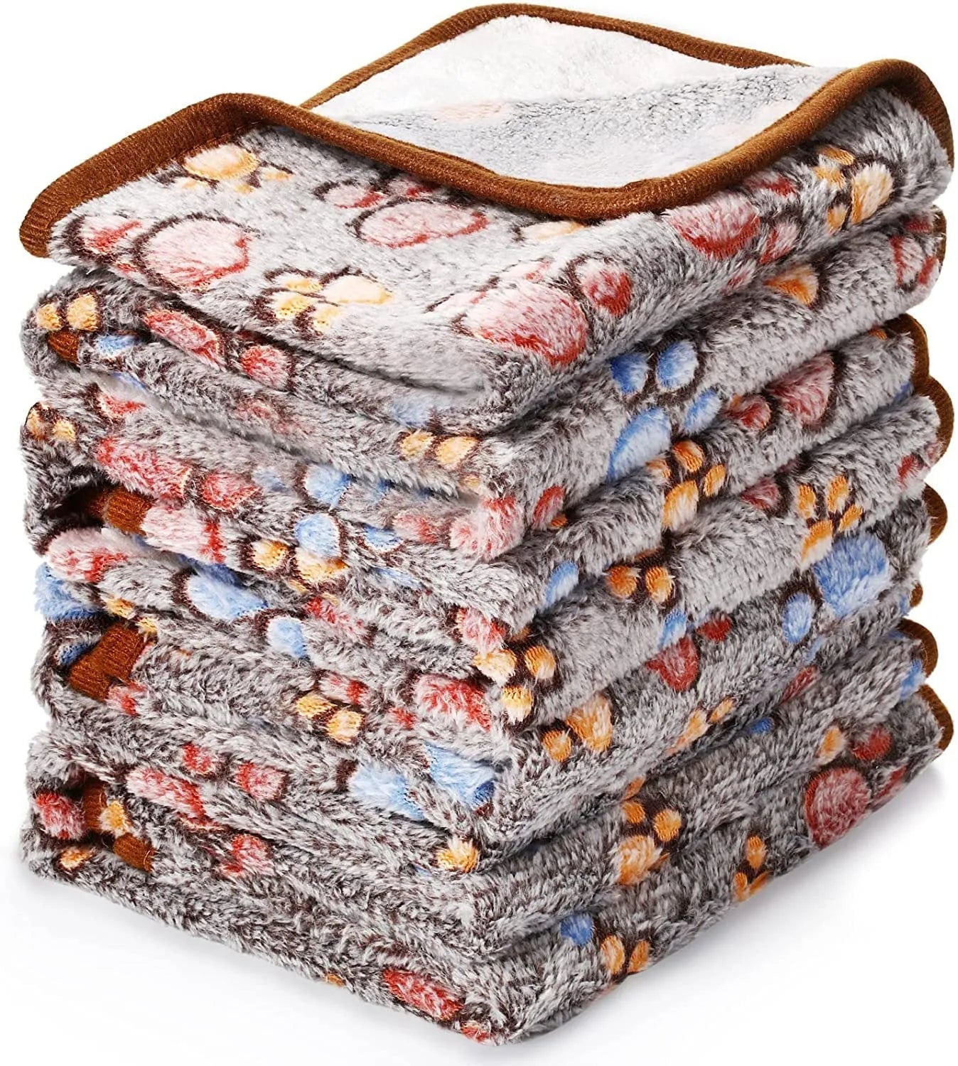 Coral fleece pet blanket with dog paw print pattern available in multiple colours and sizes for dogs and cats