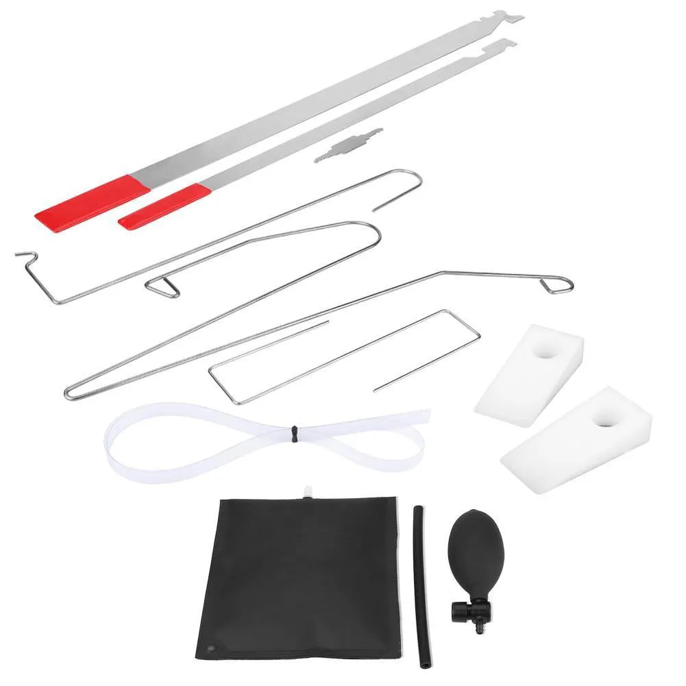 9-piece automotive emergency tool set with plastic wedges, crowbars and air pump wedge
