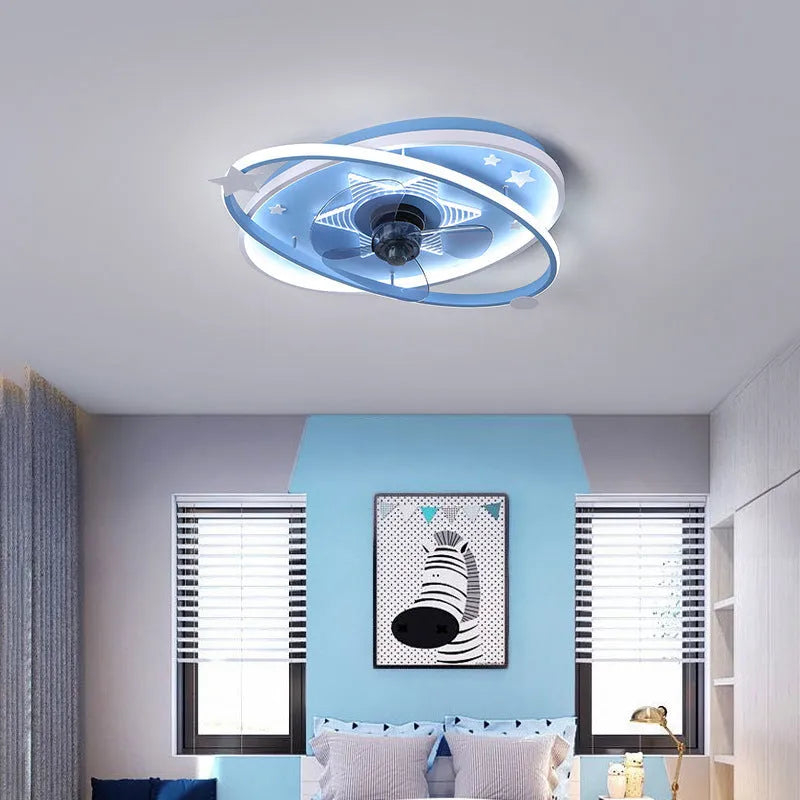 Modern children's bedroom ceiling fan chandelier with LED light and remote control in blue or pink finish