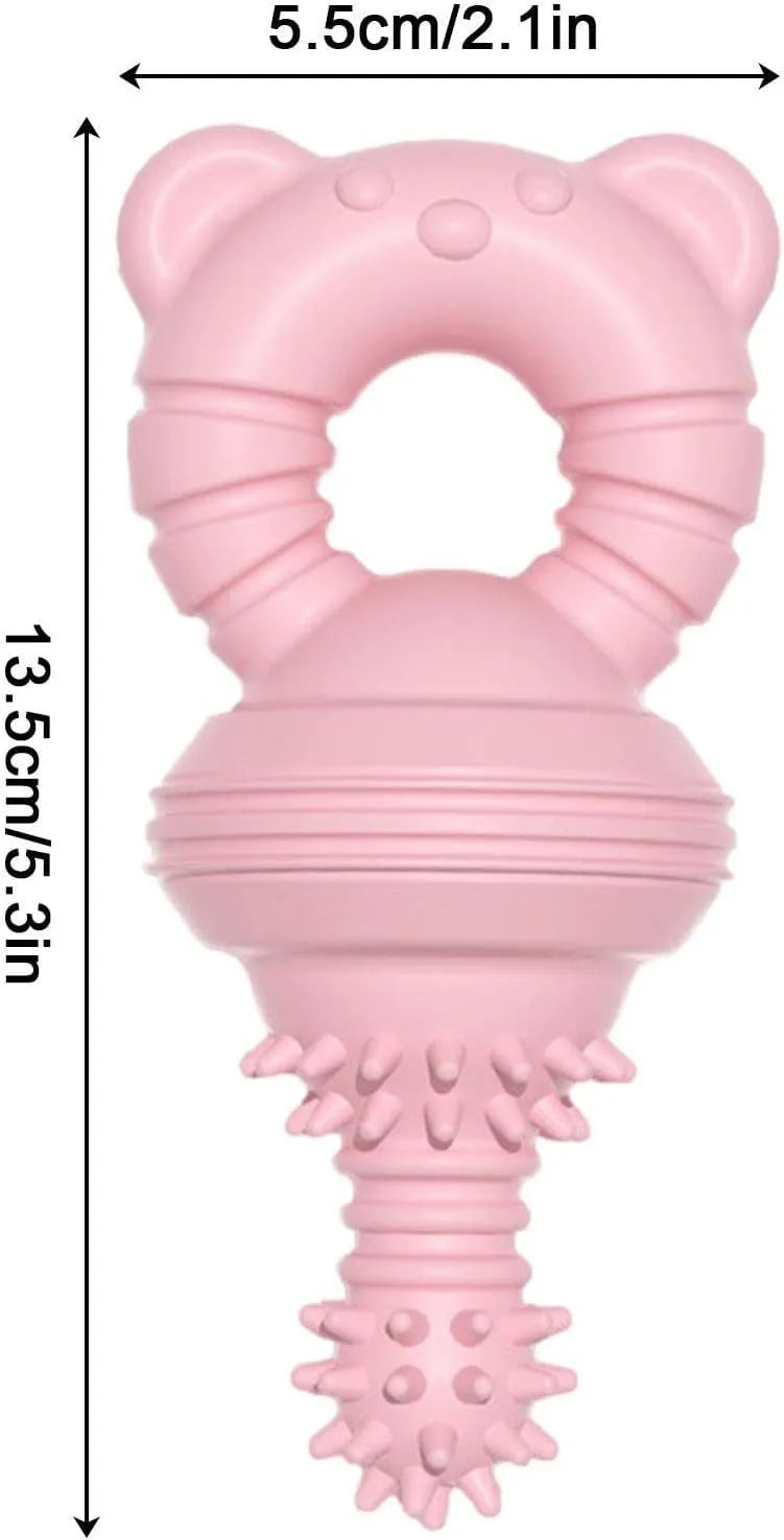 Blue rubber dog chew toy with textured surface and bell inside, shown next to a tape measure indicating 13.5cm diameter.