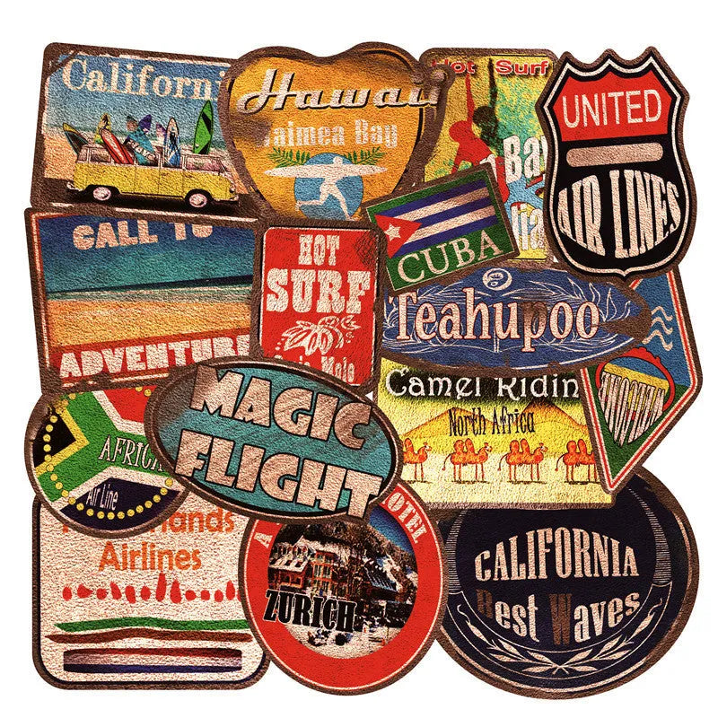 Set of 36 large retro-style beach and surfing themed stickers on a sheet, showing assorted designs.