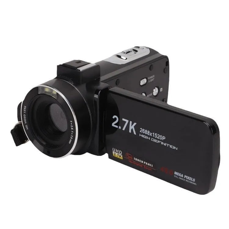 DV06S 27K HD digital video camera in black with lens cover and remote