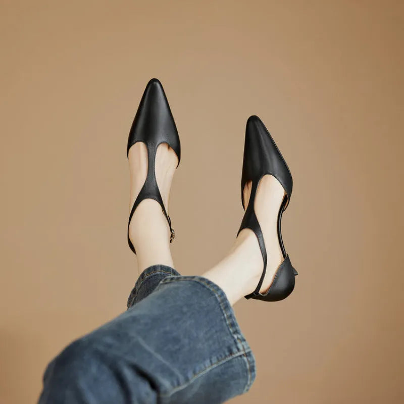 Brown women's high heels with pointed toe and cowhide leather upper