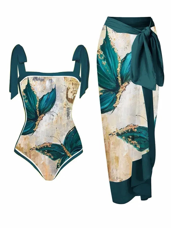 Women's floral print chiffon swimsuit with attached skirt in two-piece design