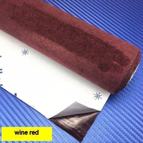 Self-adhesive suede fabric sheet in beige colour with adhesive backing visible, showing size options for interior decoration.