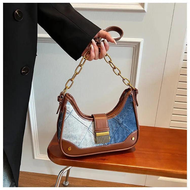 Brown denim women's shoulder bag with diamond chain straps and bucket shape