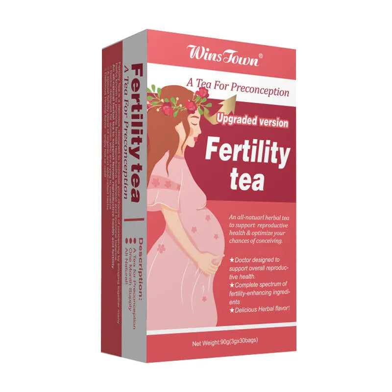 Box of fertility tea showing 3x30 bag packaging with 90 individual tea bags for reproductive health support