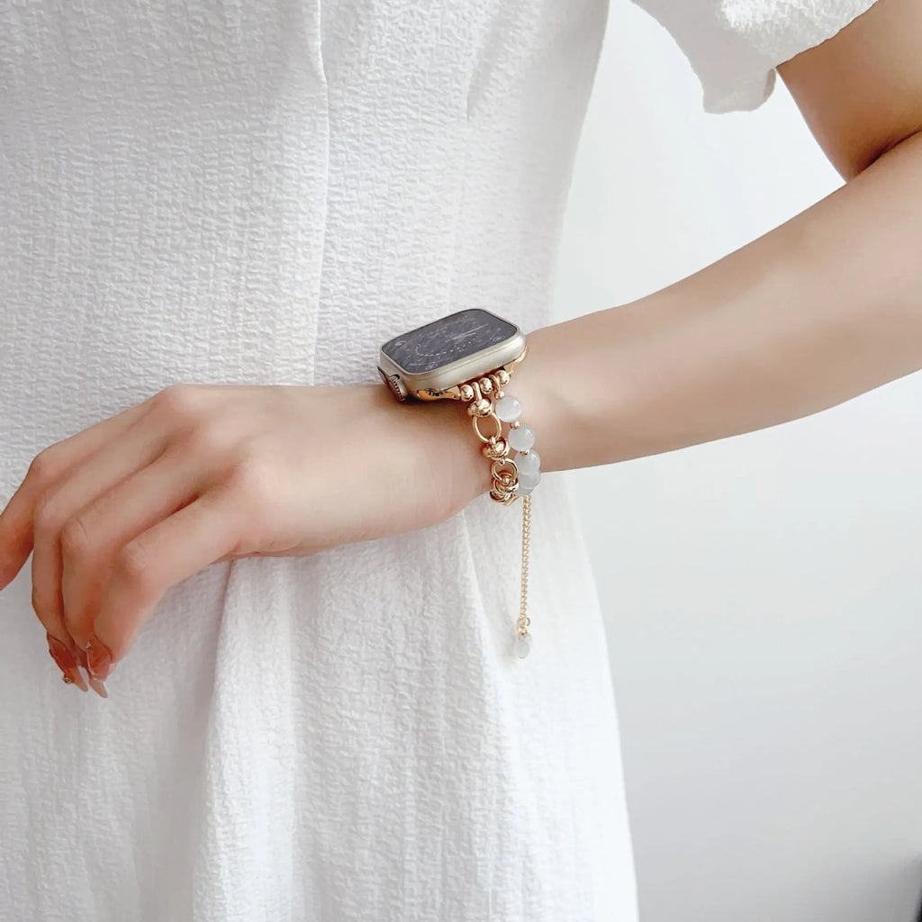Silver bead watch wristband strap with buckle on white background for 38-49mm cases