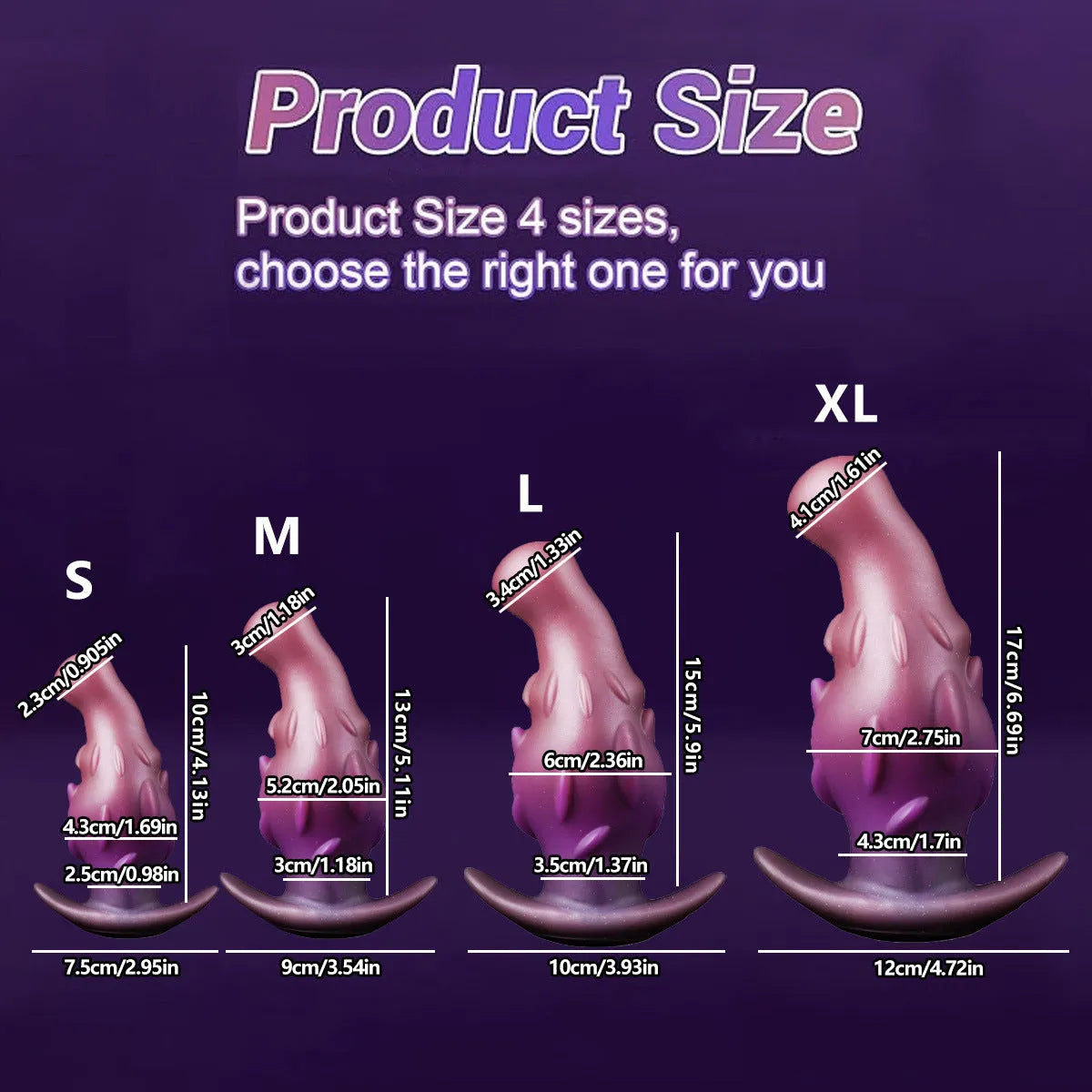 A purple, gold, or black silicone masturbator for adults, shown with size options S, M, L, and XL.