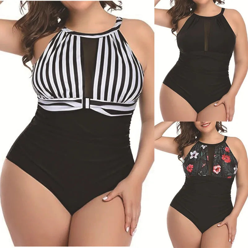 Women's black one-piece polyester swimsuit on a hanger, with red floral and striped versions shown.