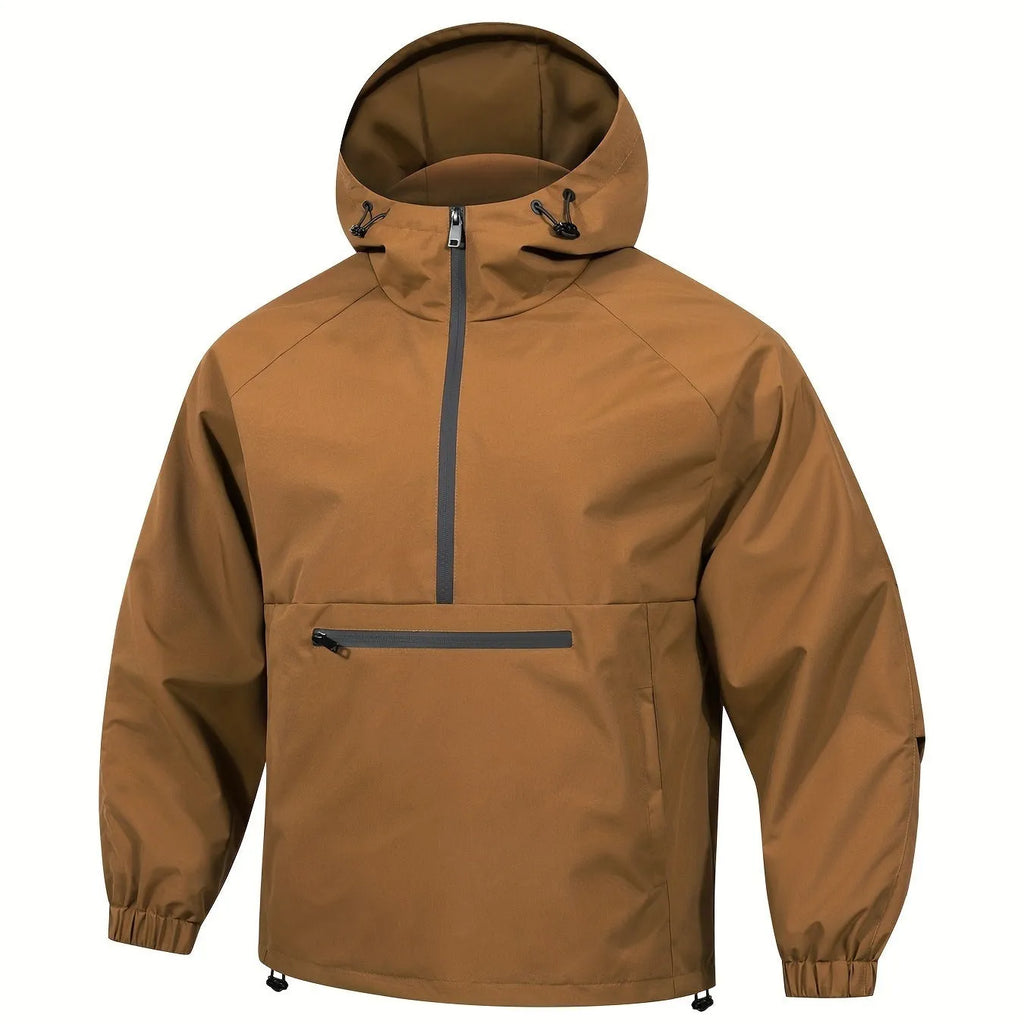 Men's light grey loose half-zip hooded corduroy jacket on a hanger