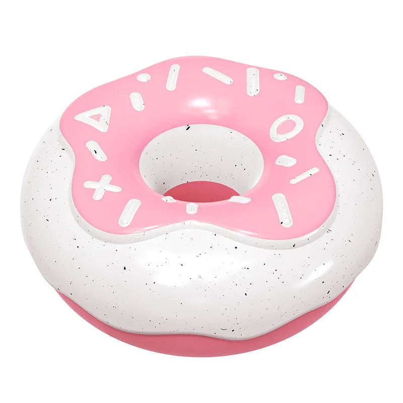 Pink TPR donut-shaped dog chew toy that makes a molar cleaning sound, shown next to a yellow and chocolate version.