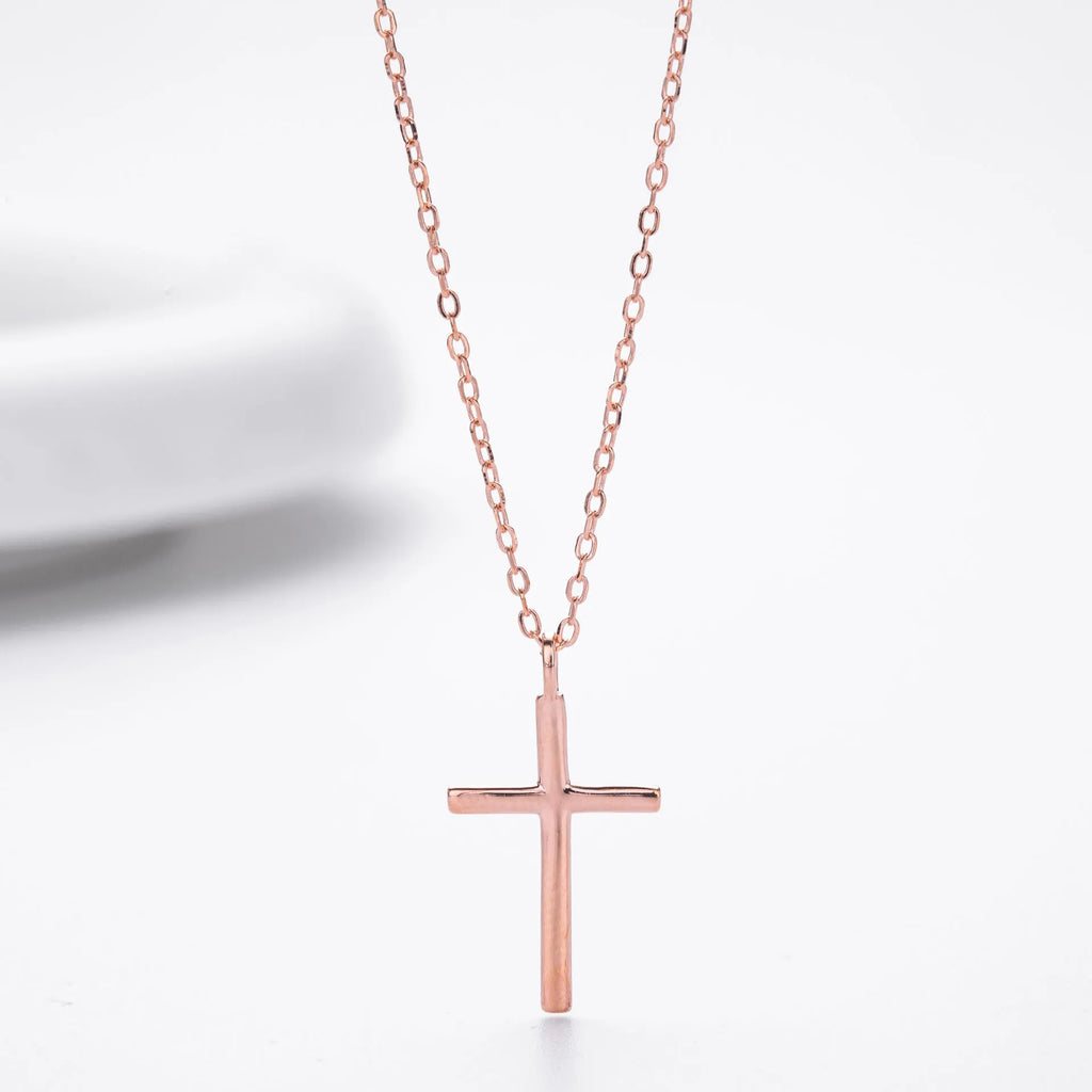 Sterling silver necklace with glossy cross pendant on O-shaped chain, adjustable length