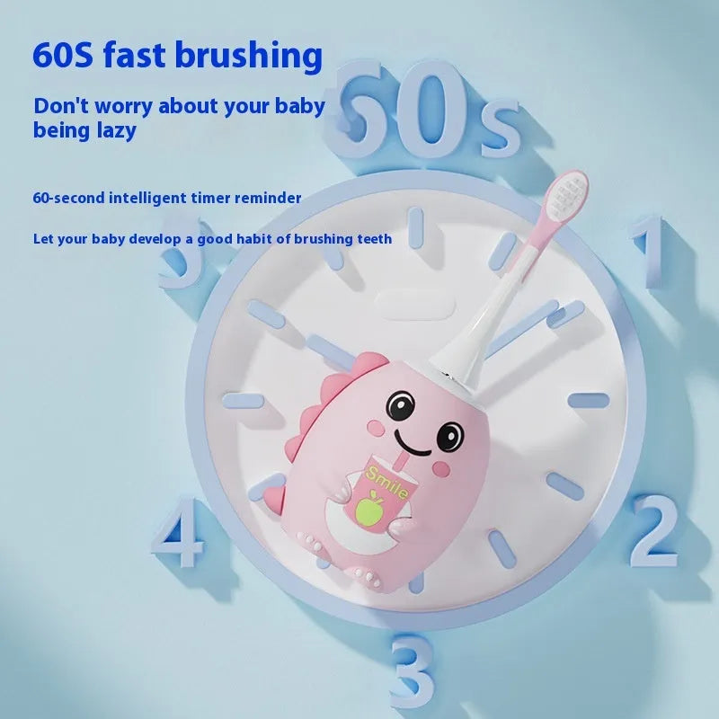 Children's cartoon dinosaur soft bristle electric toothbrush with U-shaped silicone head in green