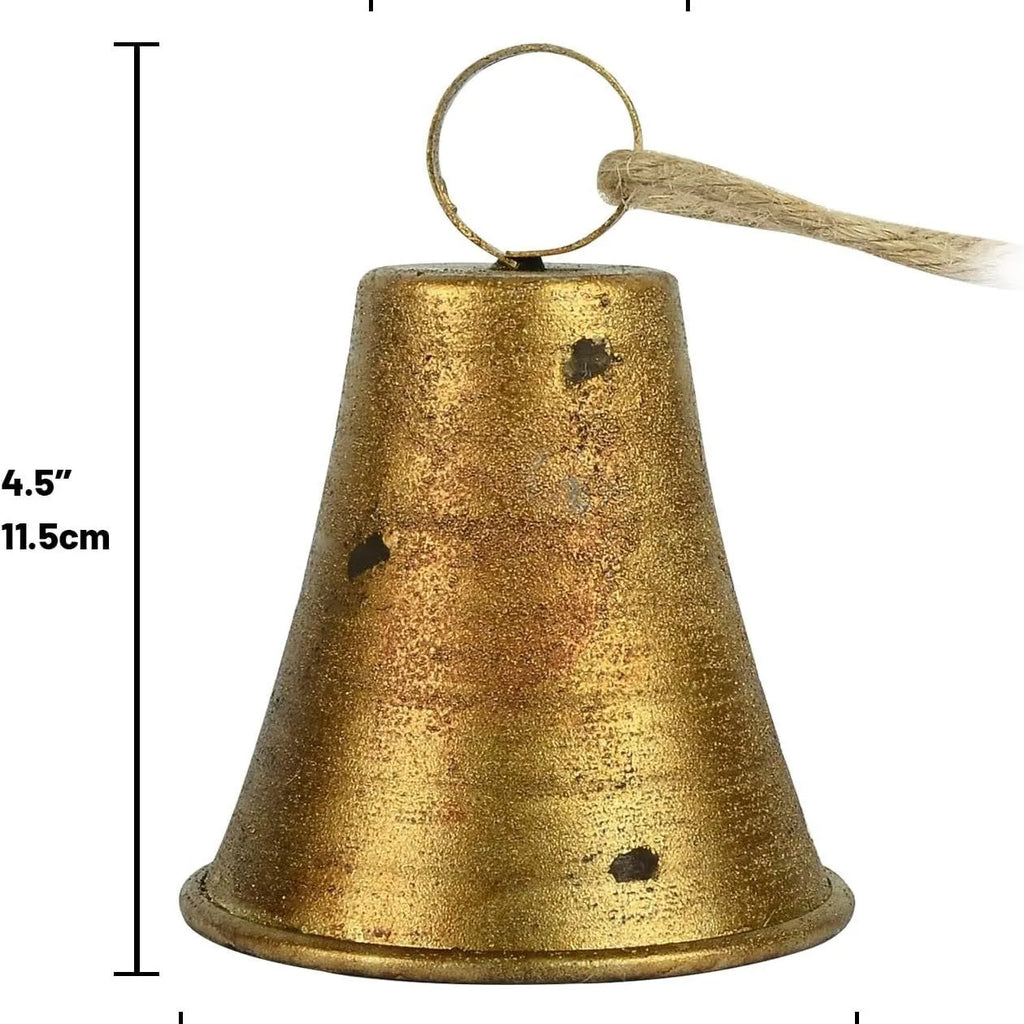 Set of four retro country handmade metal bells in rustic style, each 11.5 x 8.5 cm, on white background