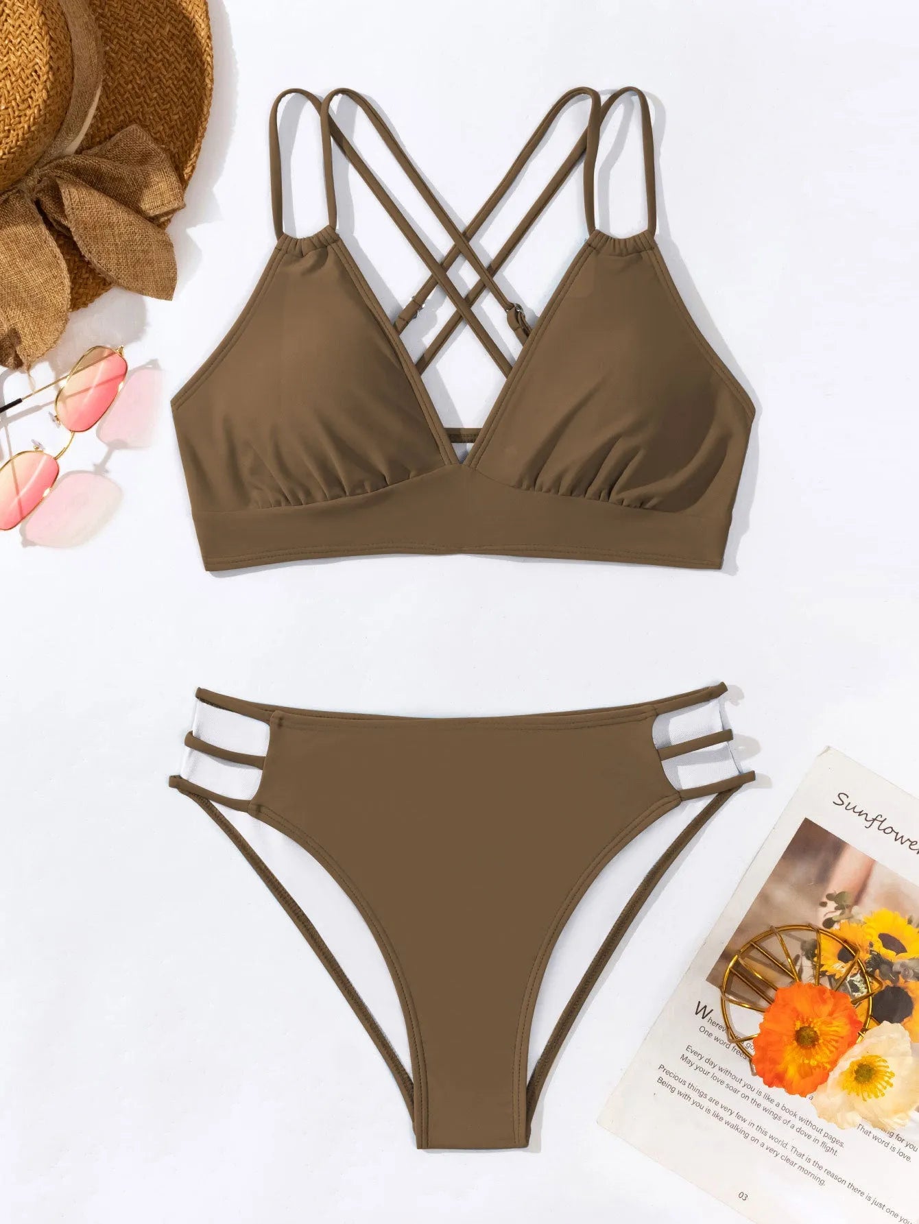 Women's V-neck halter bikini swimsuit with split bottoms in multiple colour options